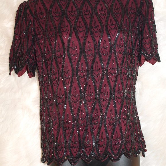 Stenay Tops - Maroon with Black sequin design Blouse BY STENAY Size S